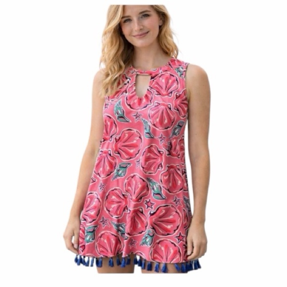 NWT! Simply Southern Wilmington Pink Sea Shell Tassel Hem Tunic Dress. Medium